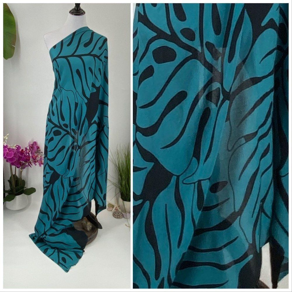 Black/Teal Monstera SARONG Pareo Lavalava Beach Skirt Summer Scarf - Picture 4 of 4